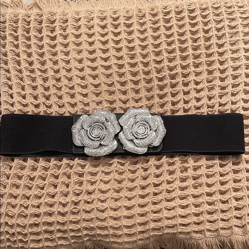 Elegant Black Elastic Belt with Silver Floral Accents